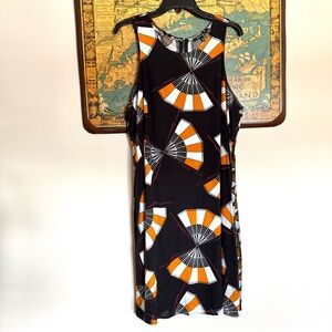 Sam & Jess Women Casual Rayon Zipper Back Dress Black Orange Fans Sleeveless XL